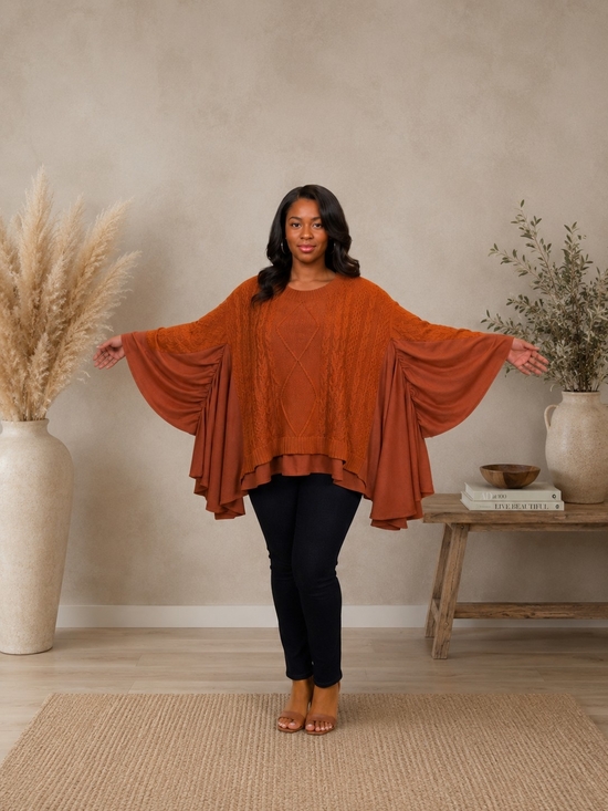 None Sweaters - Rust Cable-Knit Draped Sleeve Sweater Poncho - NWOT
